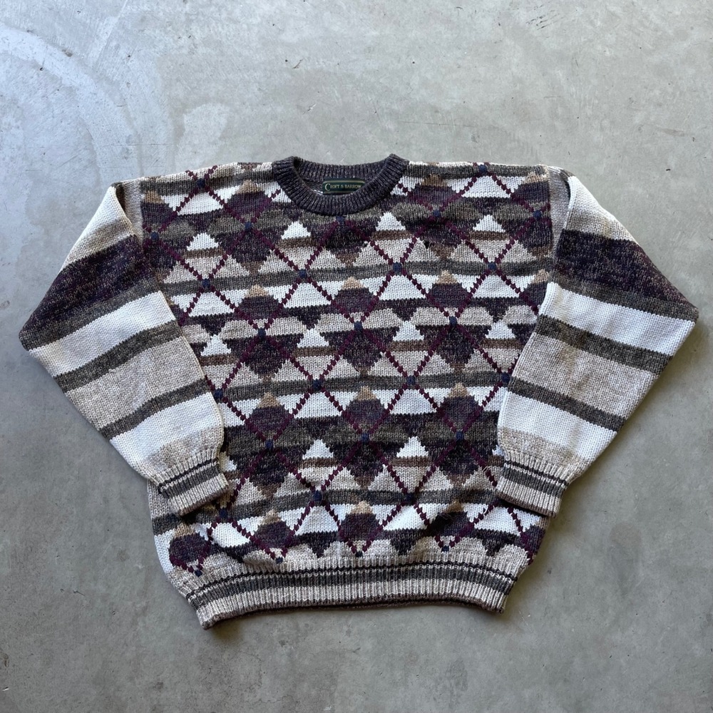 Croft & Barrow Mens XL Argyle Striped Cotton Knit Sweater Brown Purple Crew Neck
